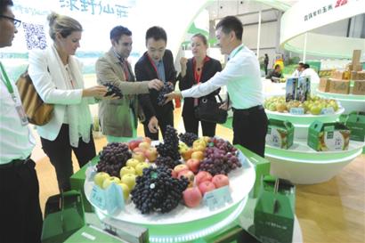 昨日，来宾在交易会上参观河北美盛公司高端农产品展台。